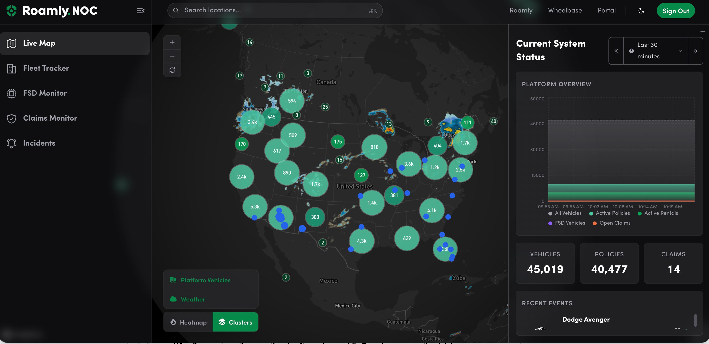 Roamly NOC — Live fleet telemetry across the United States