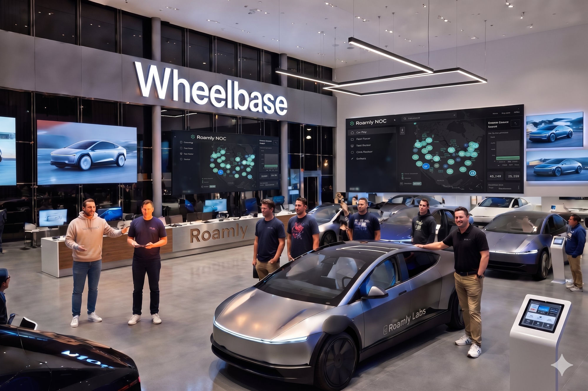 Wheelbase showroom Austin — vehicles, team, and Roamly NOC on display